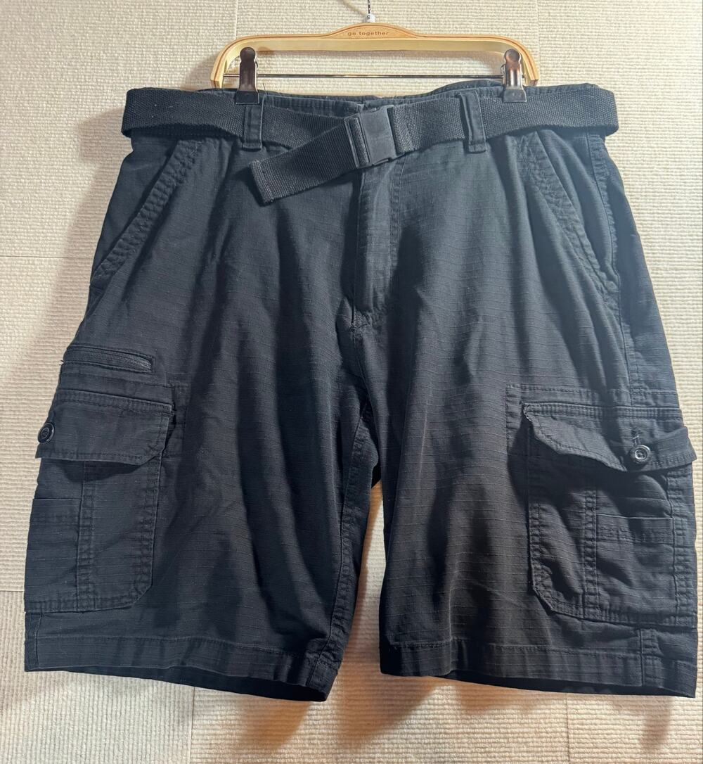 WearFirst Mens 34 Cargo Shorts Belted Cotton Stretch Ripstop Black